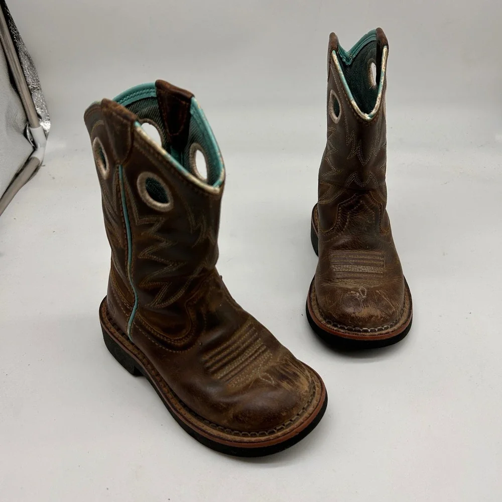Ariat Kids Fatbaby Western Boots Brown Turquoise Leather Cowboy Size 9